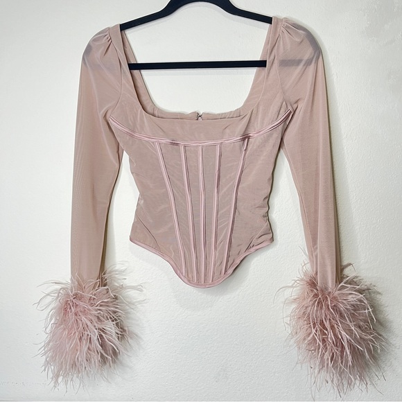 💥SOLD💥 House of CB Stella Blush Pink Mesh Feather Trimmed Corset Top Small - Picture 8 of 16